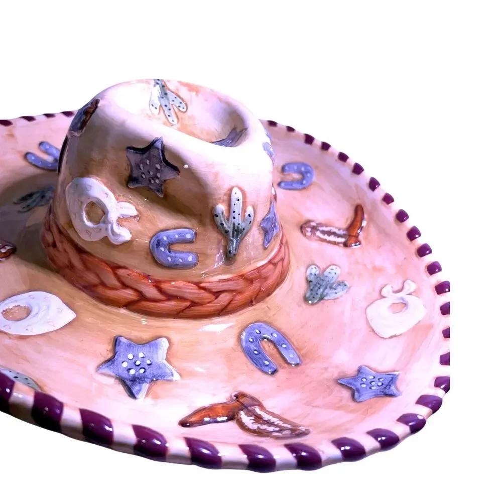 Vintage Cowboy Hat Ceramic Glazed Chip and Dip Bowl Platter Western Embellished